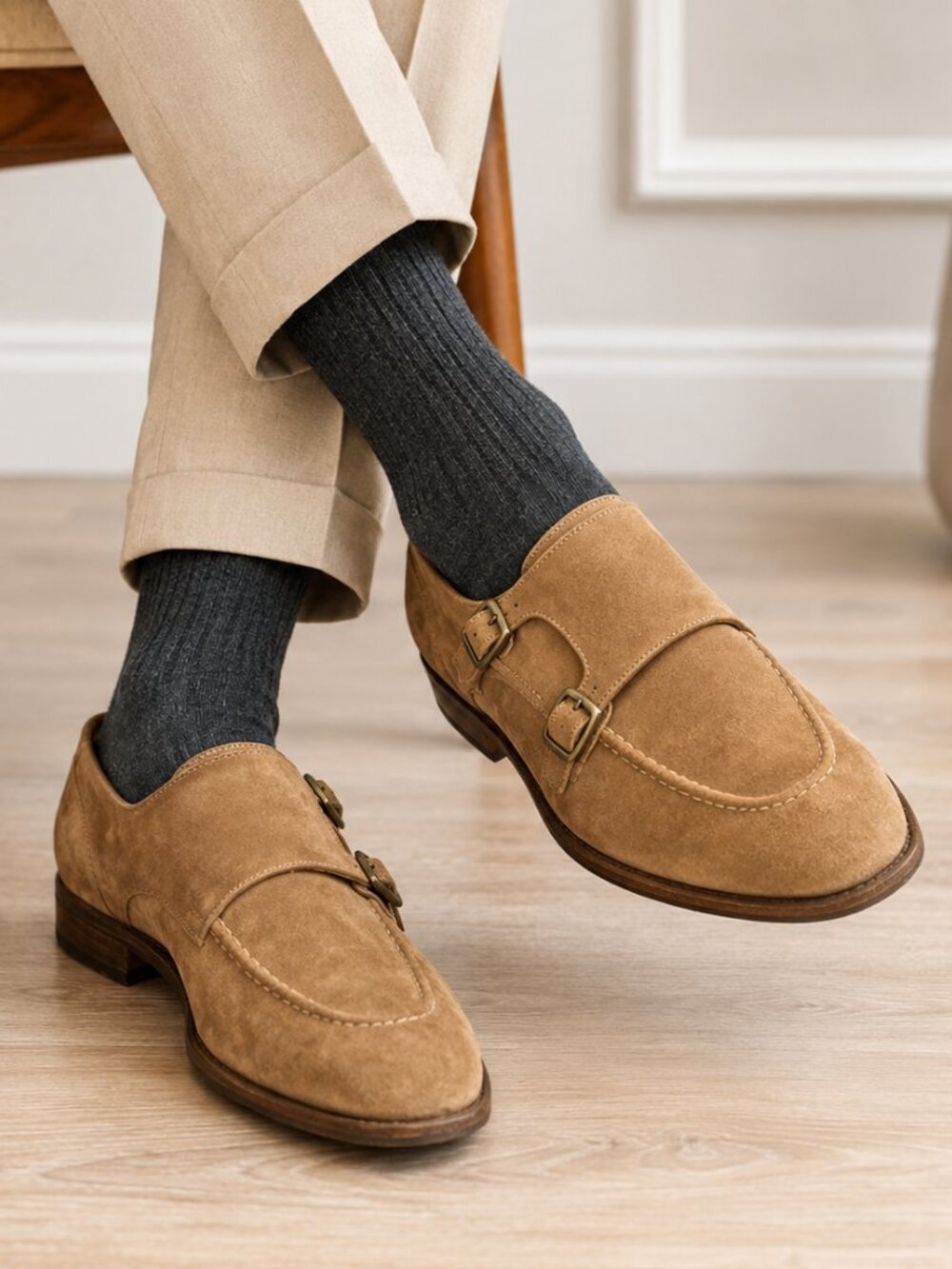 Vintage Cole Haan Tan Suede Double Monk Strap Loafers Mens 11.5 Italian Style